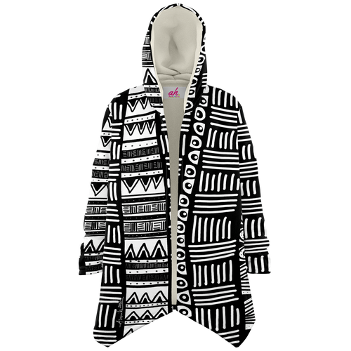 ABSTRACT IN BLACK & WHITE Plush Hooded Fleece Cardigan