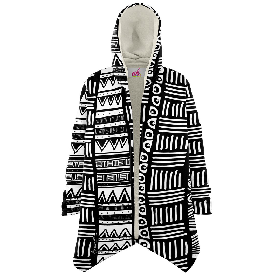 ABSTRACT IN BLACK & WHITE Plush Hooded Fleece Cardigan