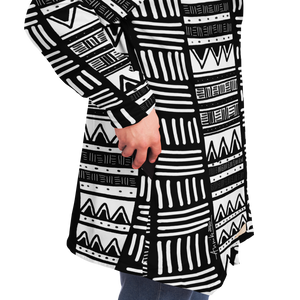 ABSTRACT IN BLACK & WHITE Plush Hooded Fleece Cardigan