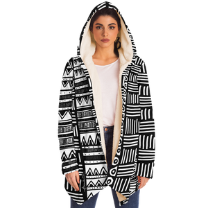 ABSTRACT IN BLACK & WHITE Plush Hooded Fleece Cardigan