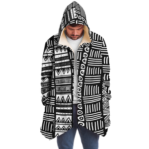 ABSTRACT IN BLACK & WHITE Plush Hooded Fleece Cardigan