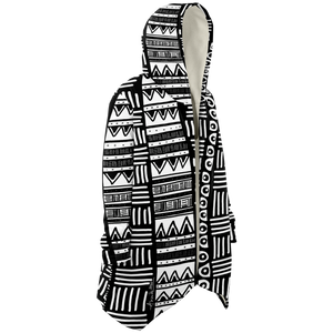 ABSTRACT IN BLACK & WHITE Plush Hooded Fleece Cardigan