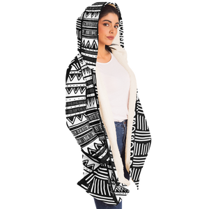 ABSTRACT IN BLACK & WHITE Plush Hooded Fleece Cardigan